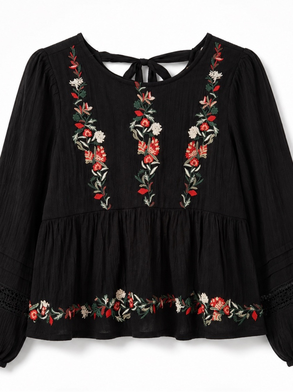 American Eagle Black Embroidered Boho Babydoll Top Size S